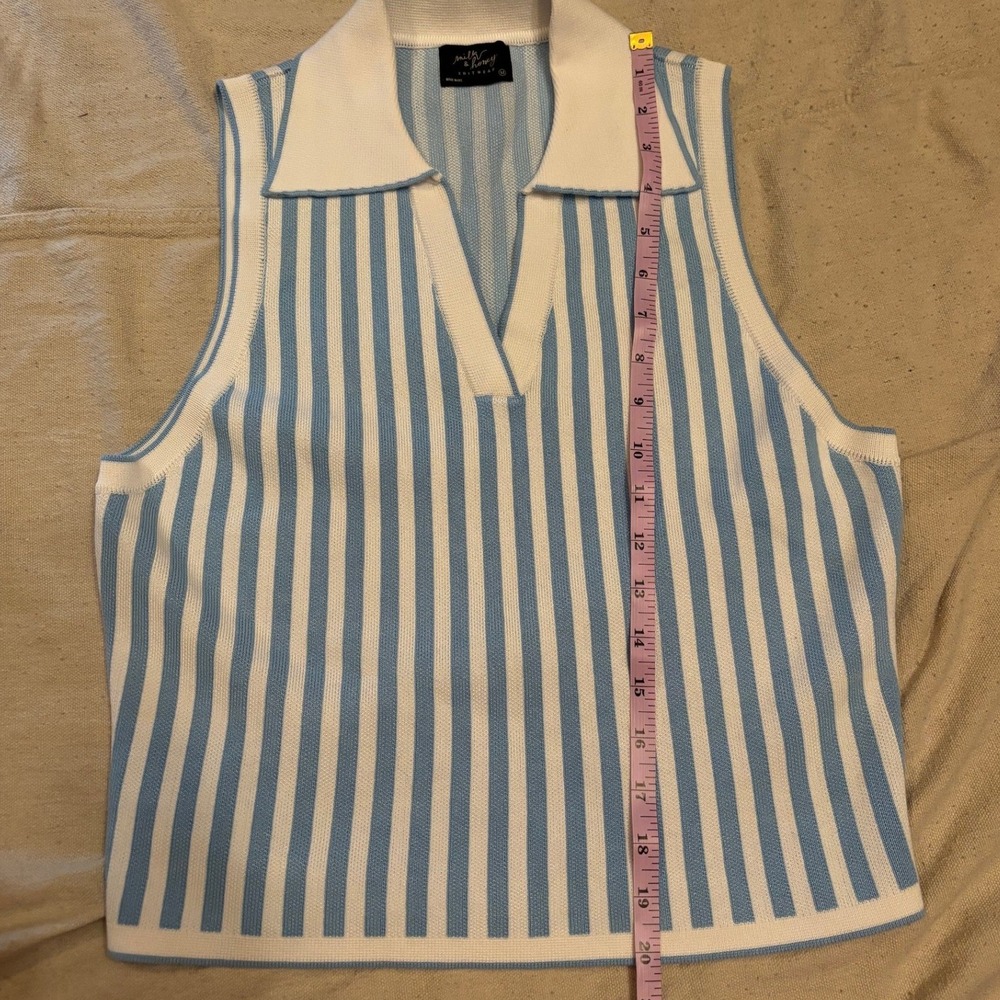 Milk & Honey Knitwear Blue White Striped Sleeveless Polo Sweater Vest Medium - Picture 6 of 6